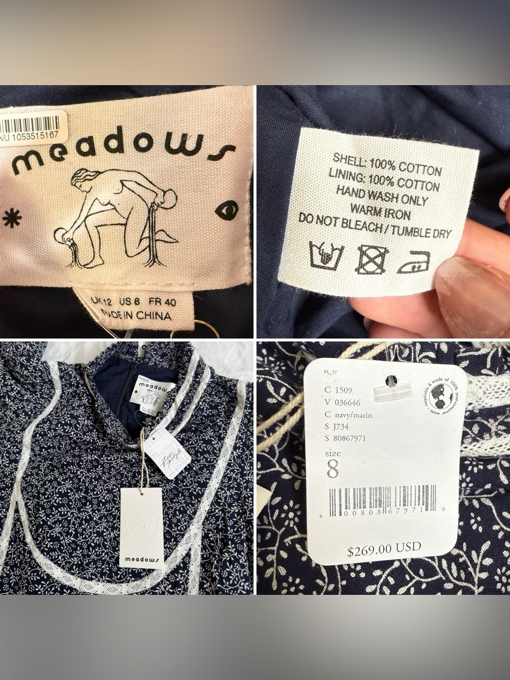 Meadows NWT Prairie Midi Dress Navy Floral Lace Cottagecore Romantic US 8 - Picture 6 of 13